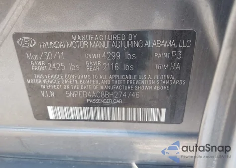 2011 Hyundai Sonata Gls из США, поврежденный, VIN 5NPEB4AC8BH274746